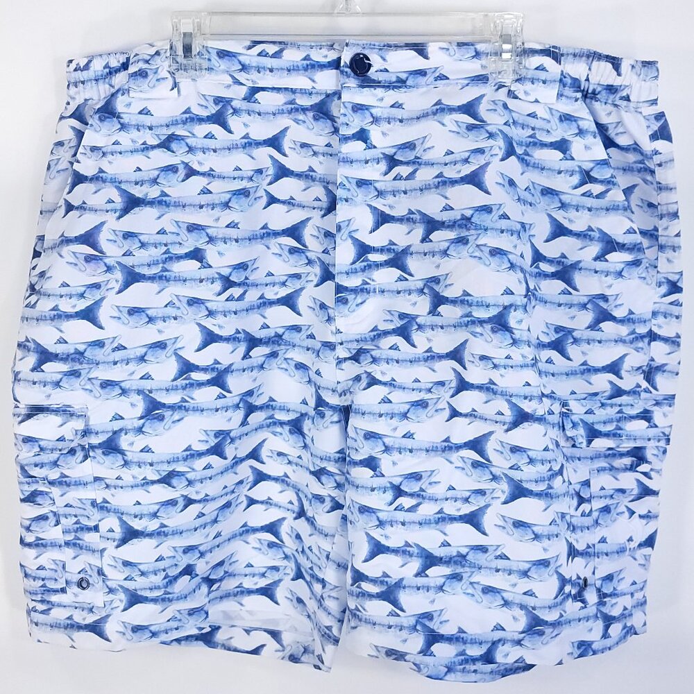 Reel Legends Board Shorts Swim Trunks Men's 2XL White Blue Allover Fish Print